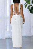 White Sexy Casual Solid Color Backless Cross Straps Deep V Neck Sleeveless Two Pieces