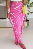 Rose Red Casual Print Fringed Trim Regular High Waist Conventional Full Print Skirts