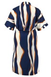 Deep Blue Casual Print Buttons Belted Turndown Collar Shirt Plus Size Dresses