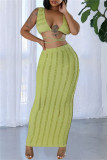 Green Sexy Casual Solid Color Backless Cross Straps Deep V Neck Sleeveless Two Pieces