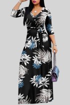 Black Casual Floral Print Basic V Neck Long Dresses