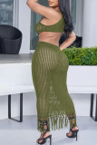 Army Green Sexy Solid Color Fringed Trim Hollow Out See-Through Spaghetti Strap Beach Dresses