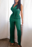 Green Casual Solid Color Buttons Turndown Collar Sleeveless Two Pieces
