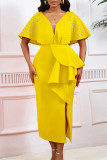 Yellow Party Formal Patchwork Ruffle Beading V Neck Evening Dresses