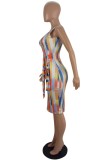 Multicolor Casual Print Hollow Out Belted O Neck Sleeveless Dresses