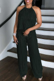 Black Casual Solid Color Backless Belted Halter Sleeveless Two Pieces