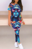 White Red Casual Print Patchwork O Neck Short Sleeve Two Pieces