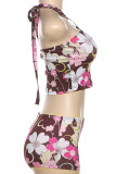 Colour Sexy Print Patchwork Backless Halter Sleeveless Two Pieces