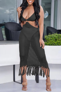 Black Sexy Solid Color Fringed Trim Hollow Out See-Through Spaghetti Strap Beach Dresses