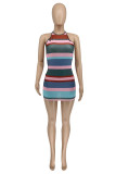 Rose Red Sexy Striped Print Patchwork O Neck Pencil Skirt Dresses
