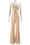 Apricot Sexy Casual Solid Color Backless Strapless Bodycon Jumpsuits