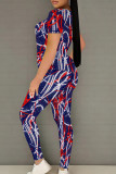 White Red Casual Print Patchwork O Neck Short Sleeve Two Pieces