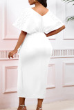 White Party Formal Patchwork Ruffle Beading V Neck Evening Dresses