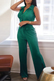 Green Casual Solid Color Buttons Turndown Collar Sleeveless Two Pieces