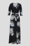 Black Casual Floral Print Basic V Neck Long Dresses