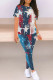 Turquoise Casual Print Patchwork O Neck Short Sleeve Two Pieces