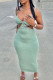 Light Green Sexy Solid Color Hollow Out Patchwork Backless Spaghetti Strap Sling Dresses