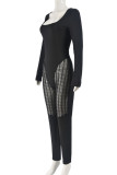Black Sexy Casual Solid Color Patchwork See-Through U Neck Skinny Jumpsuits