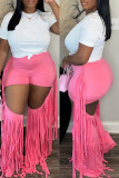 Pink Casual Solid Color Fringed Trim Hollow Out Skinny High Waist Conventional Solid Color Trousers