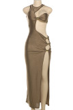 Brown Sexy Hollow Out Patchwork Backless Slit O Neck Long Dresses