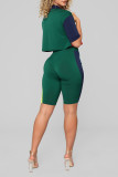 Ink Green Casual Patchwork Zipper Turndown Collar Short Sleeve Two Pieces