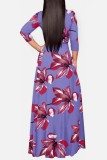 Purple Casual Floral Print Basic V Neck Long Dresses