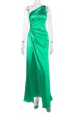 Green Sexy Formal Solid Color Slit Oblique Collar Long Dresses