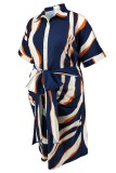 Deep Blue Casual Print Buttons Belted Turndown Collar Shirt Plus Size Dresses