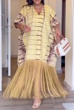 Light Yellow Casual Print Fringed Trim V Neck Printed Dresses