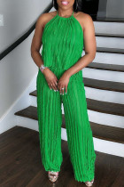 Green Casual Solid Color Backless Belted Halter Sleeveless Two Pieces