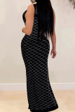 Black Celebrities Plaid Patchwork See-Through Mesh Hot Drill Zipper O Neck Long Dresses