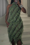 Green Sexy Casual Patchwork See-Through Backless Half A Turtleneck Sleeveless Dresses