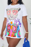 White Casual Animal Print Basic O Neck T-shirt Short Sleeve Dress