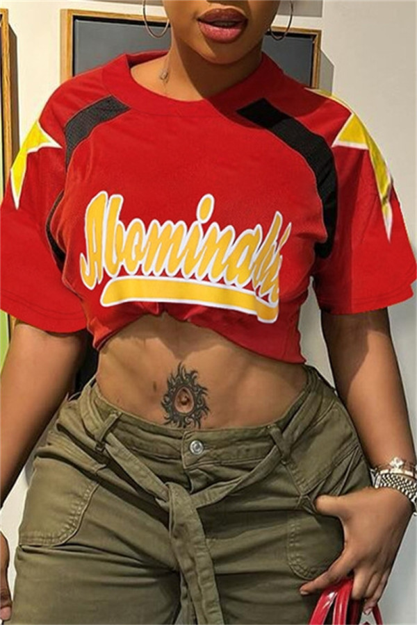 Red Casual Print Patchwork O Neck T-Shirts
