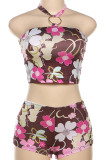 Colour Sexy Print Patchwork Backless Halter Sleeveless Two Pieces