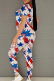 White Red Casual Print Patchwork O Neck Short Sleeve Two Pieces