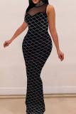 Black Celebrities Plaid Patchwork See-Through Mesh Hot Drill Zipper O Neck Long Dresses
