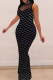 Black Celebrities Plaid Patchwork See-Through Mesh Hot Drill Zipper O Neck Long Dresses