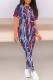 Navy Casual Print Patchwork O Neck Short Sleeve Two Pieces