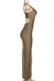 Brown Sexy Hollow Out Patchwork Backless Slit O Neck Long Dresses