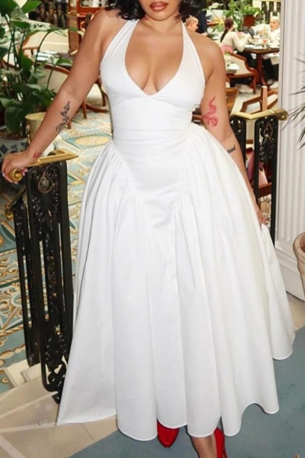 White Sexy Casual Solid Color Backless Belted Halter Long Dresses