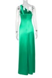 Green Sexy Formal Solid Color Slit Oblique Collar Long Dresses