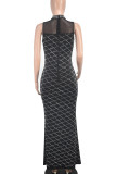 Black Celebrities Plaid Patchwork See-Through Mesh Hot Drill Zipper O Neck Long Dresses