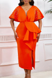 Orange Party Formal Patchwork Ruffle Beading V Neck Evening Dresses