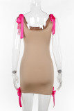 Khaki Sexy Patchwork Backless Bow Decor Belted U Neck Sling Dresses