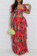 Red Casual Print Patchwork Square Neck Short Sleeve Two Pieces