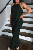 Black Casual Solid Color Backless Belted Halter Sleeveless Two Pieces
