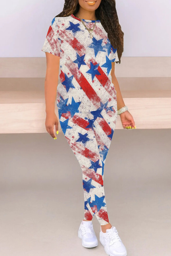 White Blue Red Casual Print Patchwork O Neck Short Sleeve Two Pieces