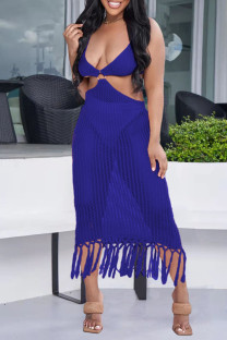 Royal Blue Sexy Solid Color Fringed Trim Hollow Out See-Through Spaghetti Strap Beach Dresses