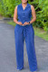 Colorful Blue Casual Solid Color Buttons With Belt Turndown Collar Sleeveless Two Pieces